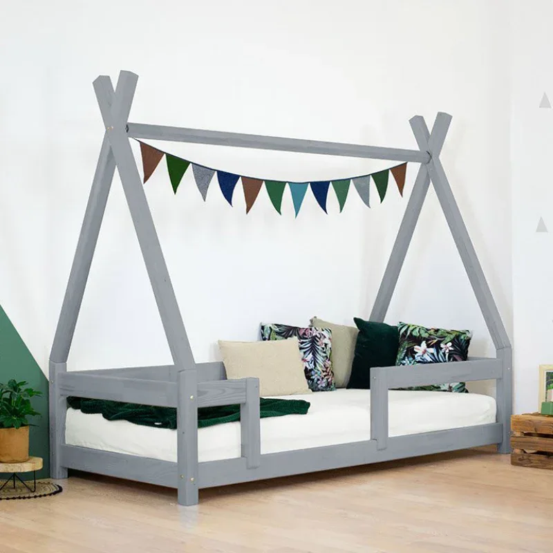 Benlemi® Children's house bed  with firm bed guard NAKANA 200x90 Grey - Image 2