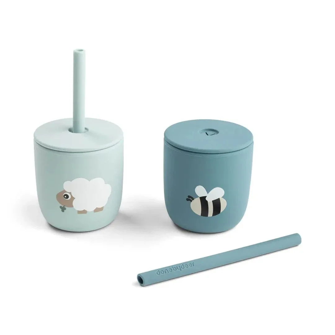 Done by Deer® Silicone Straw Cup Set Tiny Farm Blue 2-pack - Image 2