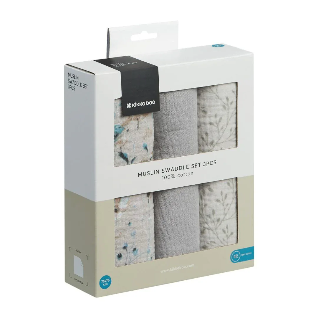 KikkaBoo® Muslin swaddle set 3 pcs 100x100 cm Dreamy Fields Grey - Image 3