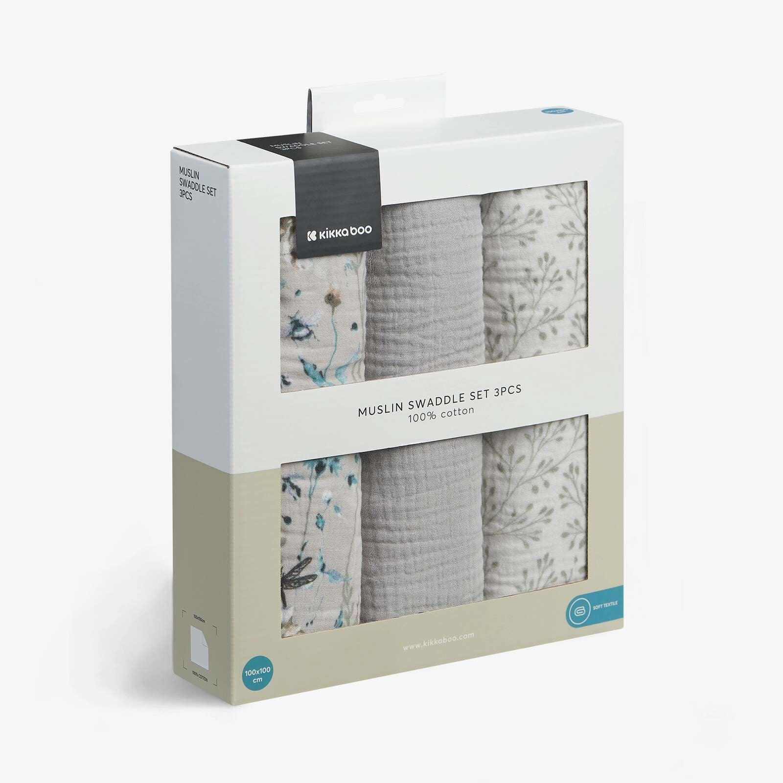 KikkaBoo® Muslin swaddle set 3 pcs 100x100 cm Dreamy Fields Grey - Image 2
