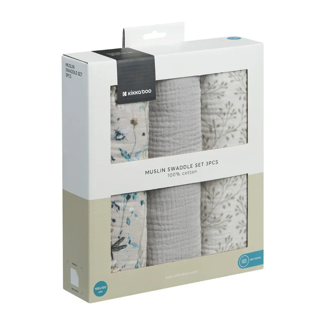 KikkaBoo® Muslin swaddle set 3 pcs 100x100 cm Dreamy Fields Grey - Image 3