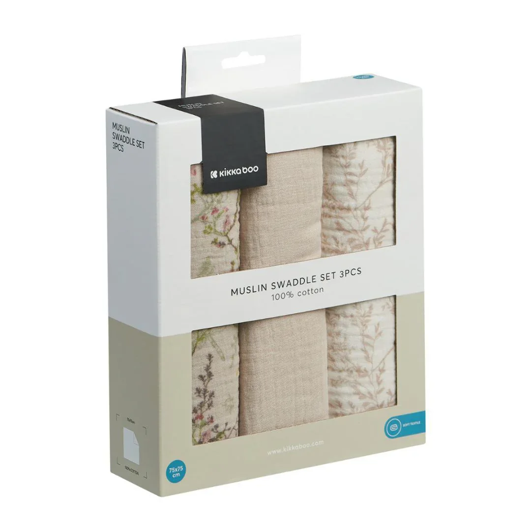 KikkaBoo® Muslin swaddle set 3 pcs 75x75 cm Secret Garden Beige - Image 3