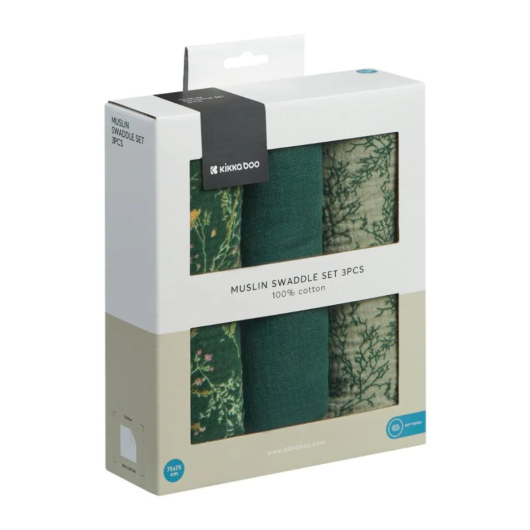 KikkaBoo® Muslin swaddle set 3 pcs 75x75 cm Secret Garden Green - Image 3