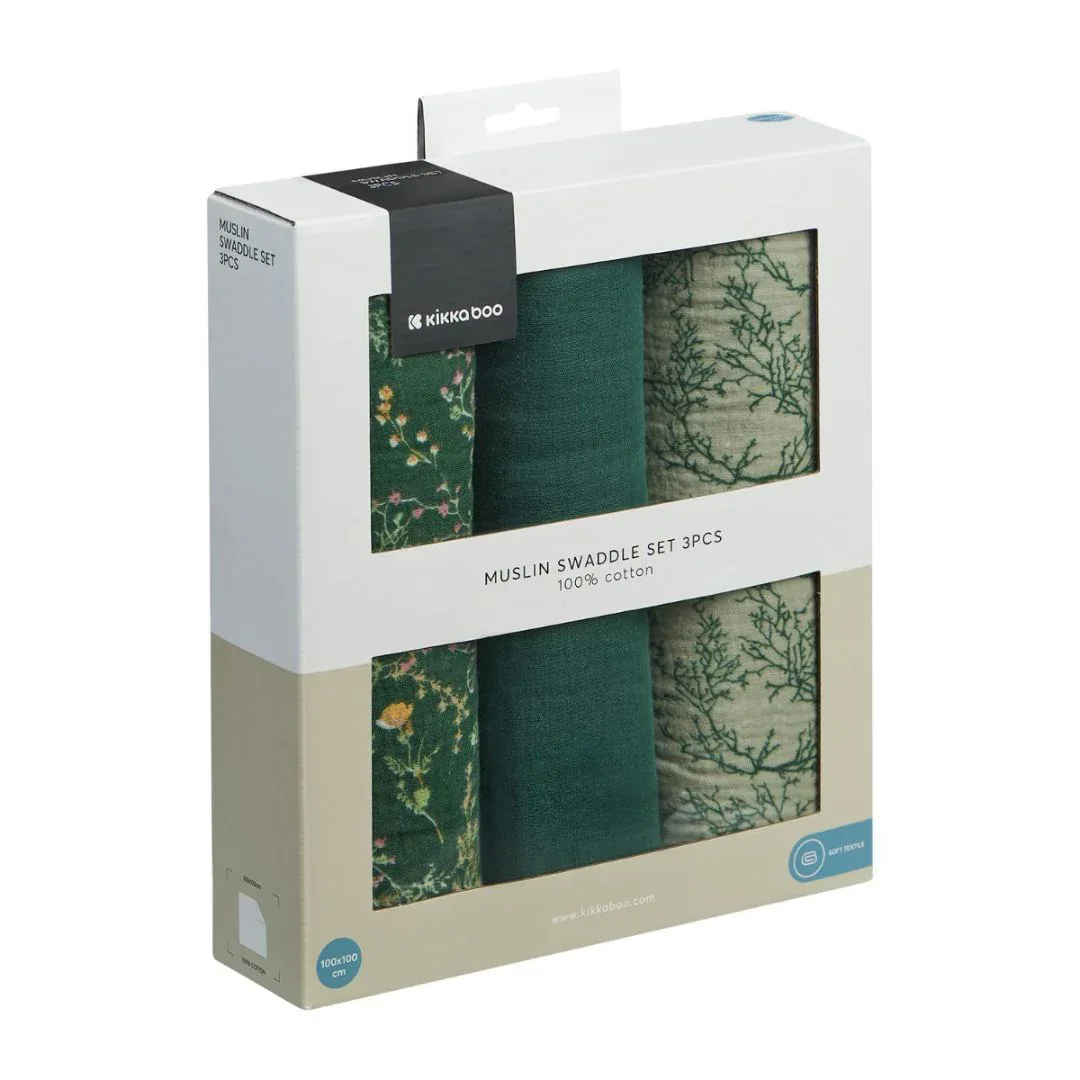 KikkaBoo® Muslin swaddle set 3 pcs 100x100 cm Secret Garden Green - Image 3