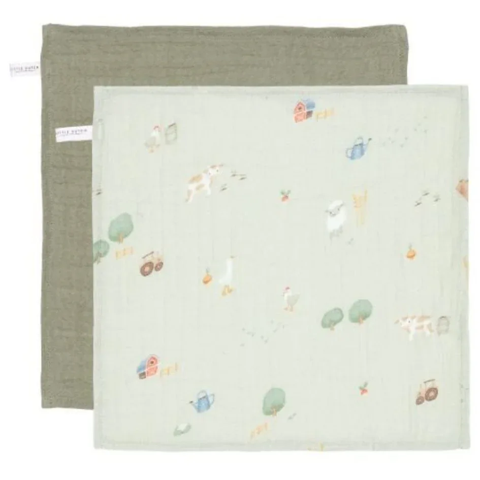 Little Dutch® Facecloths set muslin Little Farm/Olive 26x26 - Image 2