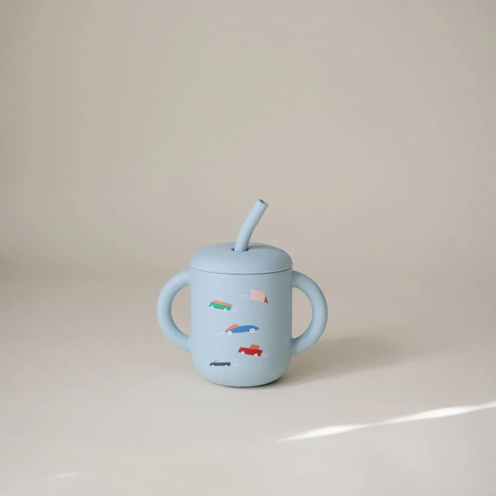Mushie® Silicone Training Cup + Straw Retro Cars - Image 2