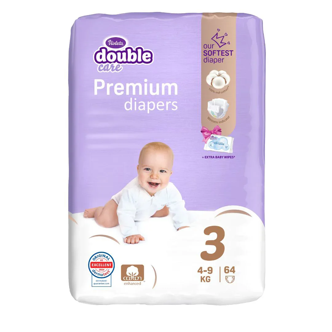Violeta® Diapers Cotton Touch 3 Midi (4-9 kg) 64 pcs + baby wet wipes Water Care